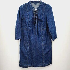 J. Jill Denim Released Hem Long Sleeve Dress Lace Up Front Jean Shirt Dress Sm‎